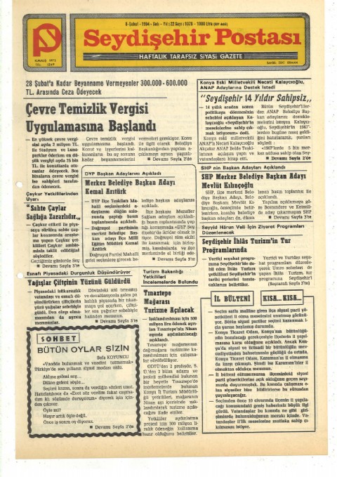 BÜTÜN OYLAR SİZİN - Seydişehir Postası - 8 Şubat 1994