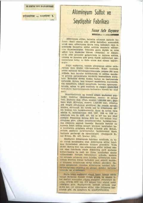 Aliminyum Sülfat ve Seydişehir Fabrikası - Türkiye Gazetesi I 1977