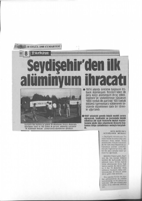 Seydişehir’den İlk Aliminyum İhracatı - Türkiye Gazetesi I 1988