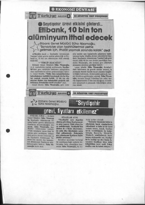 ETİBANK 10 BİN TON ALÜMİNYUM İTHAL EDECEK - Türkiye Gazetesi I 1987