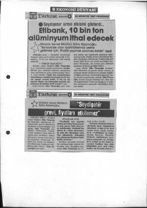 ETİBANK 10 BİN TON ALÜMİNYUM İTHAL EDECEK - Türkiye Gazetesi I 1987